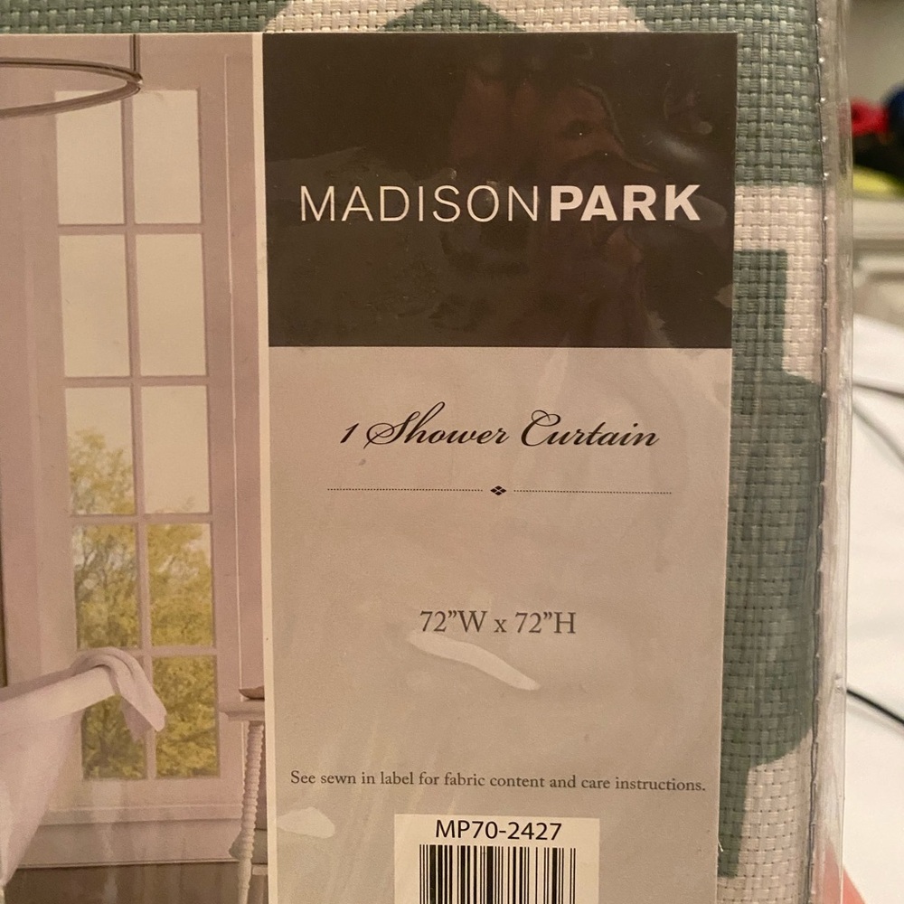 New in package Madison Park shower curtain 72” x 72” multicolor, green and white